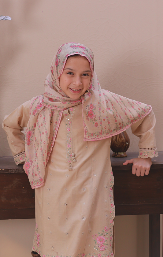 3 PC Beige Embroidered Festive Wear – Girls Premium Edition