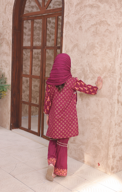 3 PC Plum Embroidered Festive Wear – Girls Premium Edition