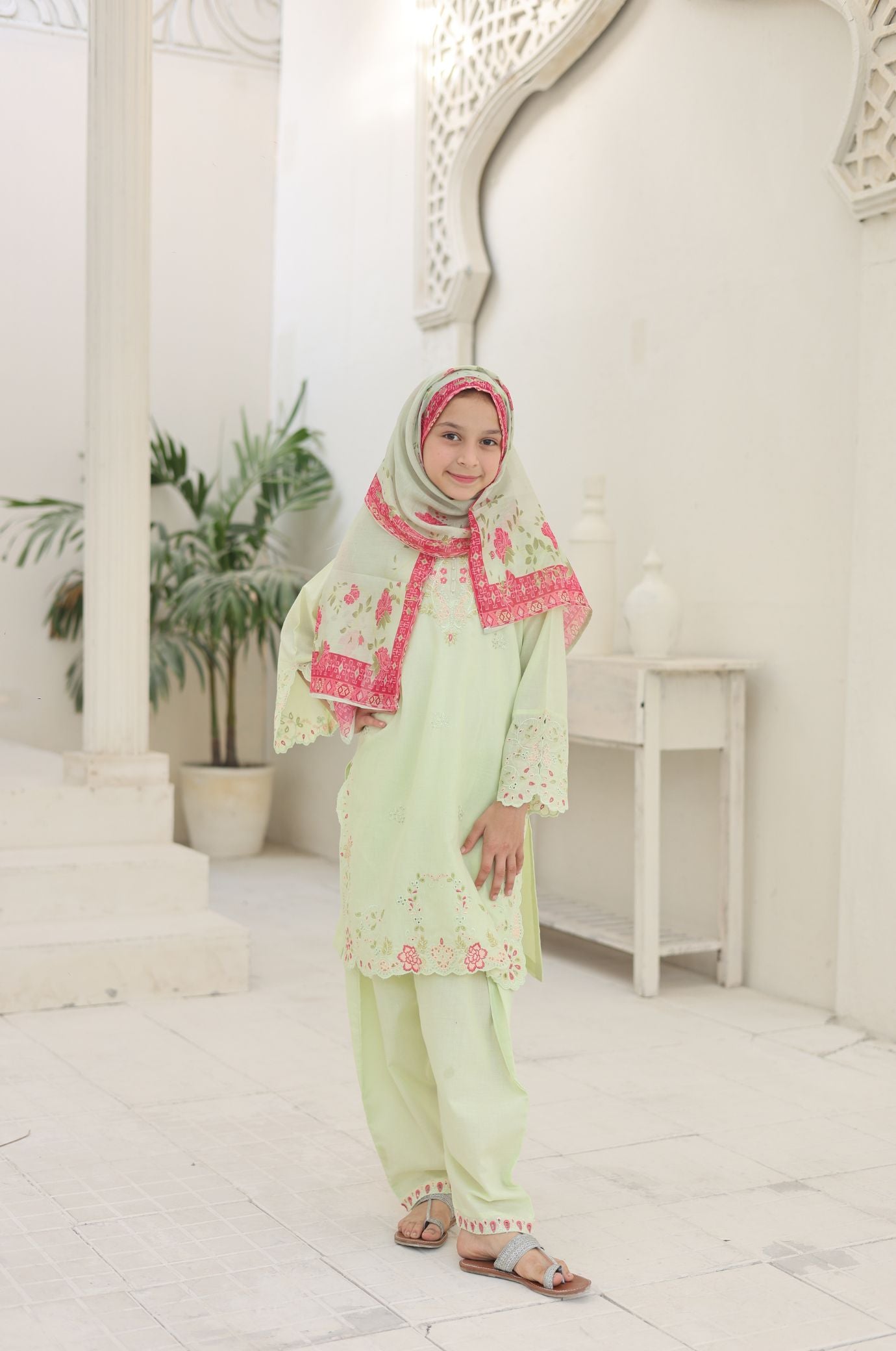 3 PC Pistachio Embroidered Festive Wear – Girls Premium Edition