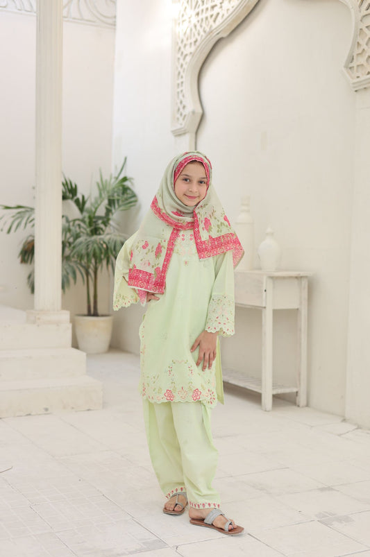 3 PC Pistachio Embroidered Festive Wear – Girls Premium Edition