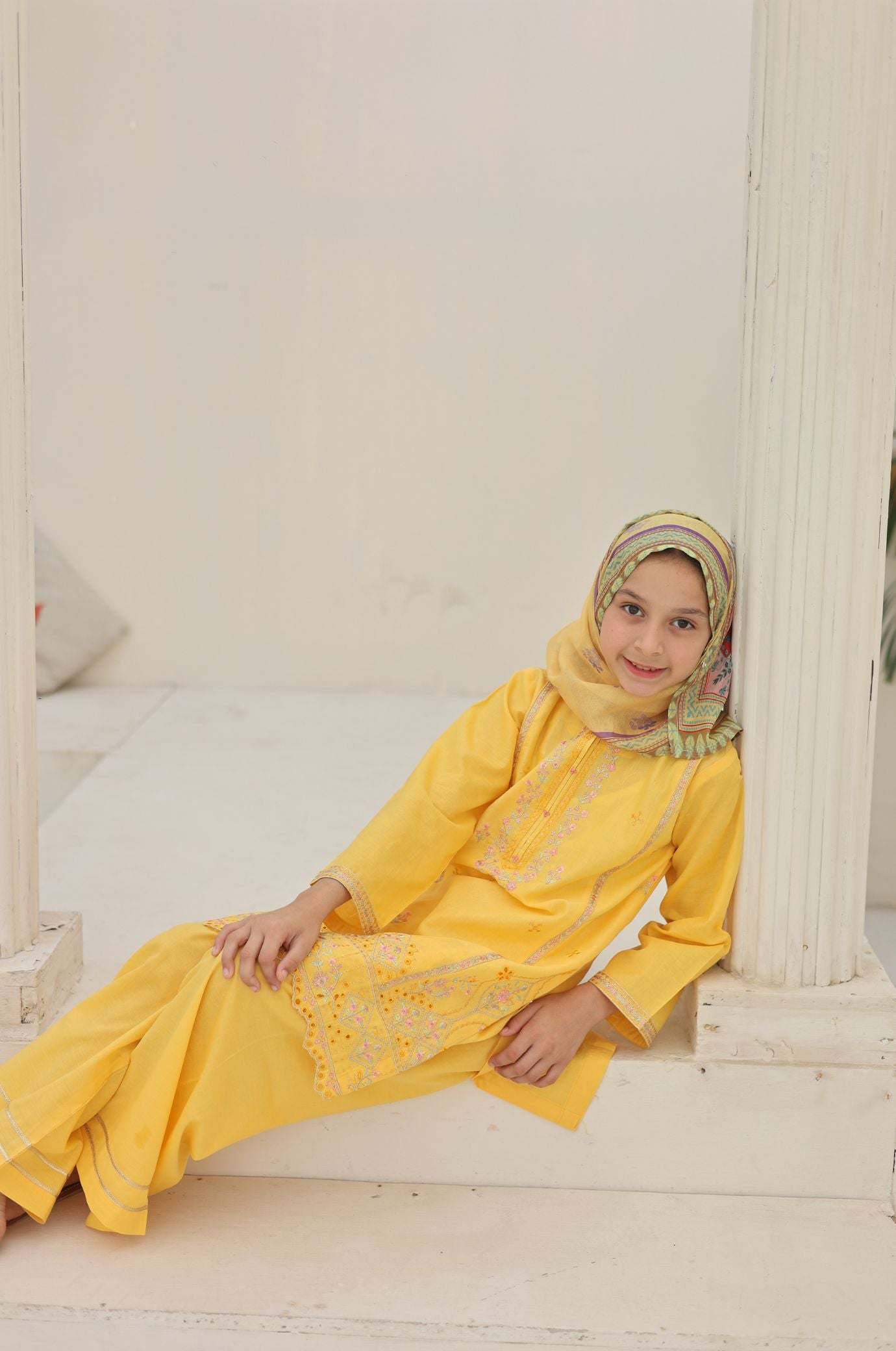 3 PC Yellow Embroidered Festive Wear – Girls Premium Edition