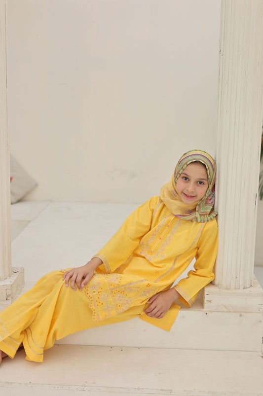3 PC Yellow Embroidered Festive Wear – Girls Premium Edition