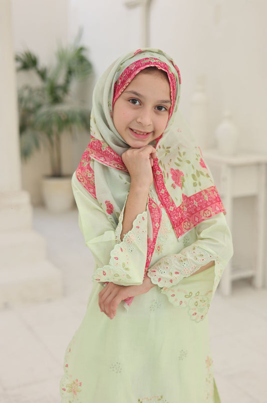 3 PC Pistachio Embroidered Festive Wear – Girls Premium Edition