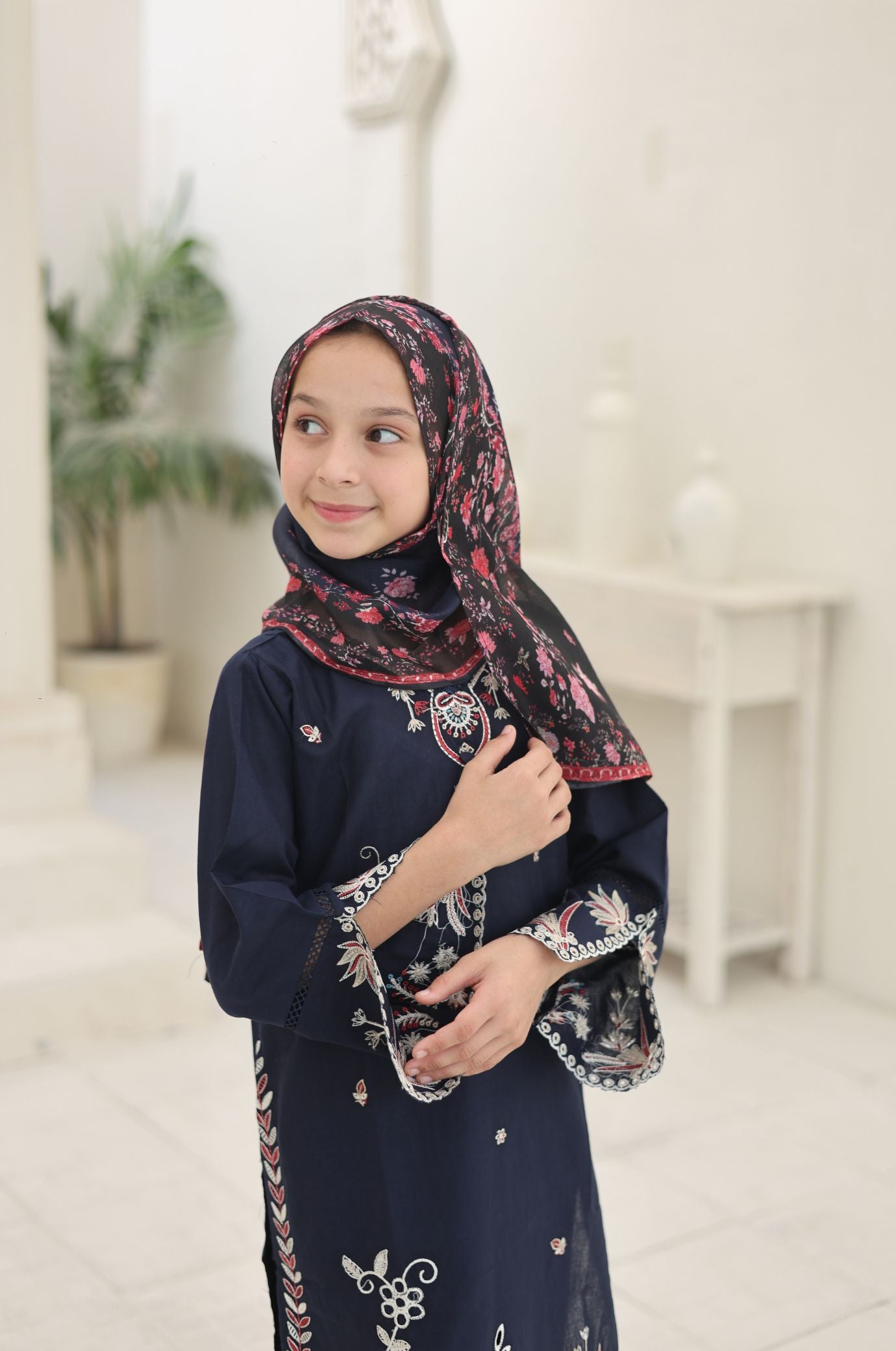 3 PC Navy Blue Embroidered Festive Wear – Girls Premium Edition
