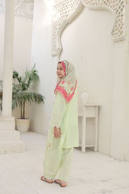 3 PC Pistachio Embroidered Festive Wear – Girls Premium Edition