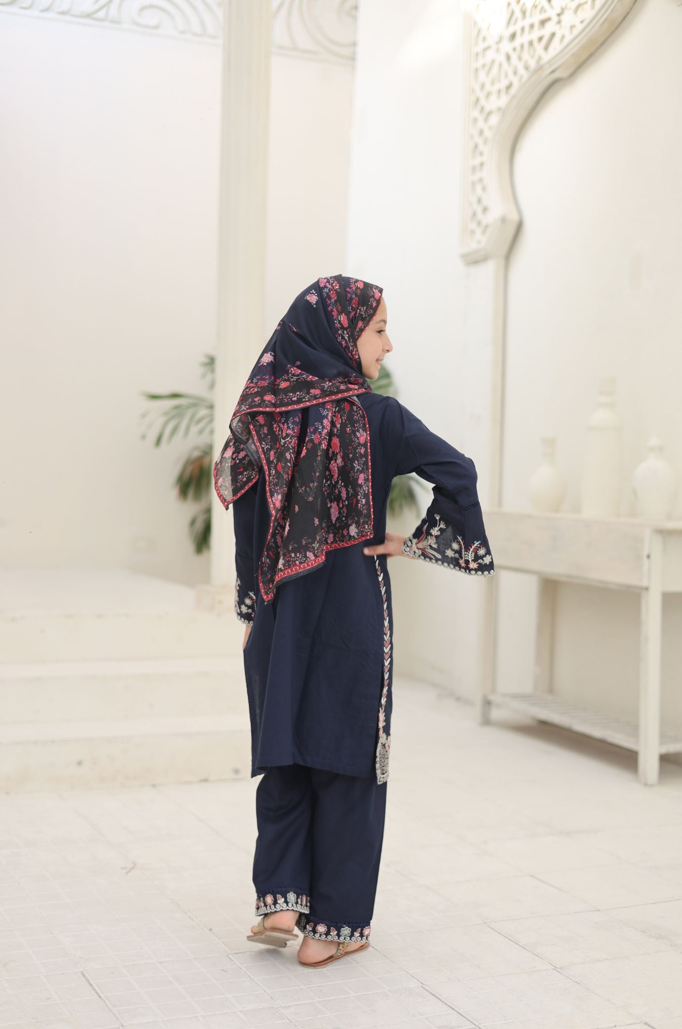 3 PC Navy Blue Embroidered Festive Wear – Girls Premium Edition