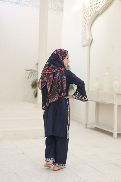 3 PC Navy Blue Embroidered Festive Wear – Girls Premium Edition