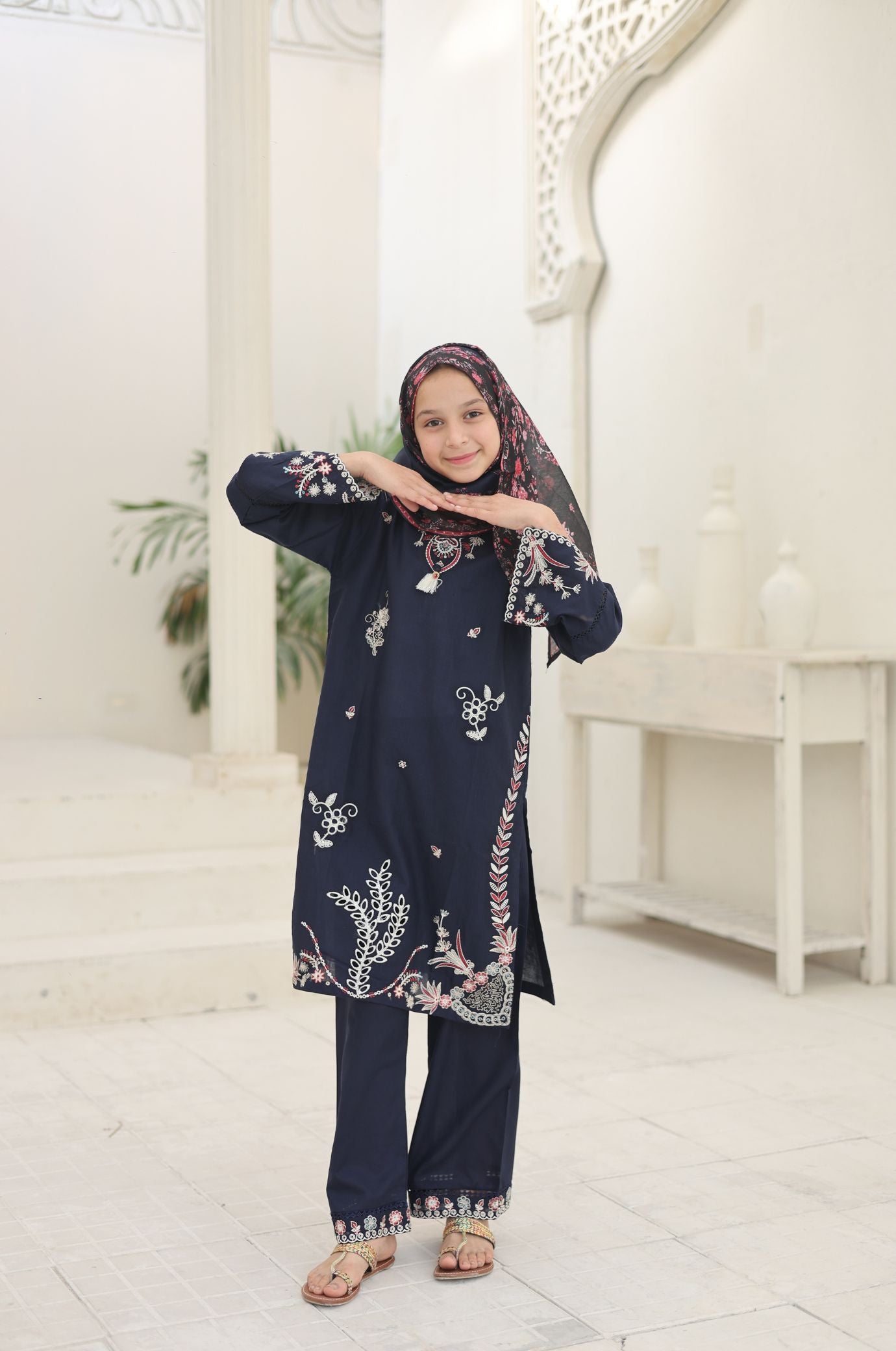 3 PC Navy Blue Embroidered Festive Wear – Girls Premium Edition