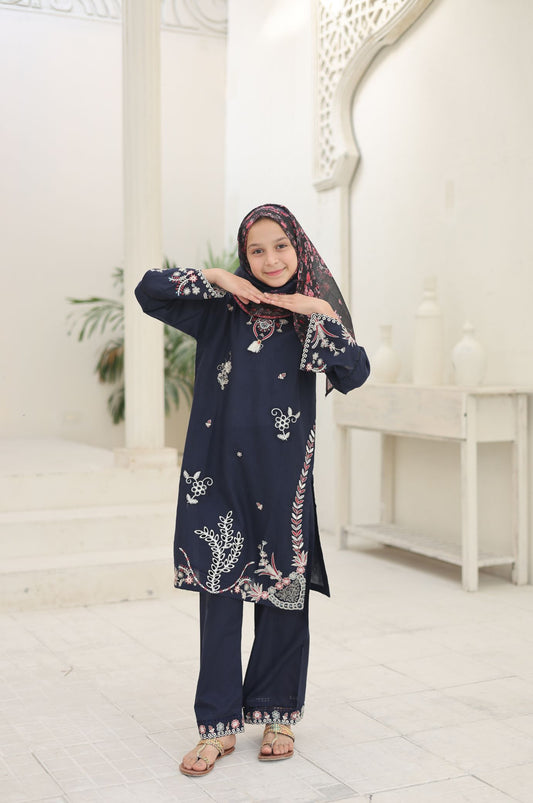 3 PC Navy Blue Embroidered Festive Wear – Girls Premium Edition