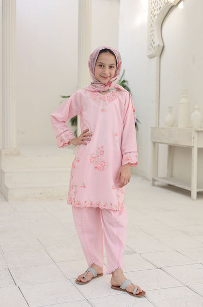 3 PC Pink Embroidered Festive Wear – Girls Premium Edition