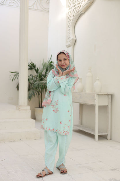 3 PC Aqua Embroidered Festive Wear – Girls Premium Edition