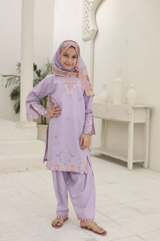 3 PC Lavender Embroidered Festive Wear – Girls Premium Edition