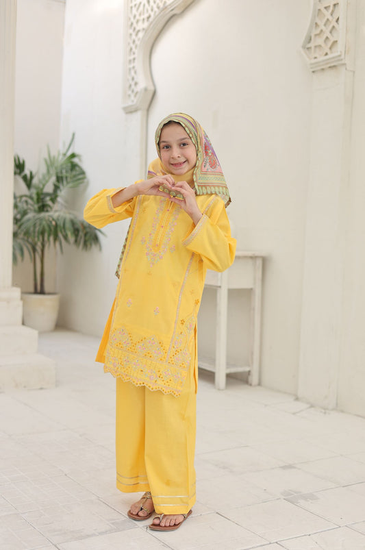 3 PC Yellow Embroidered Festive Wear – Girls Premium Edition