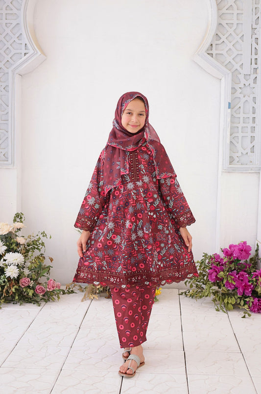 3 PC - Maroon - Printed Embroidered Premium Edition