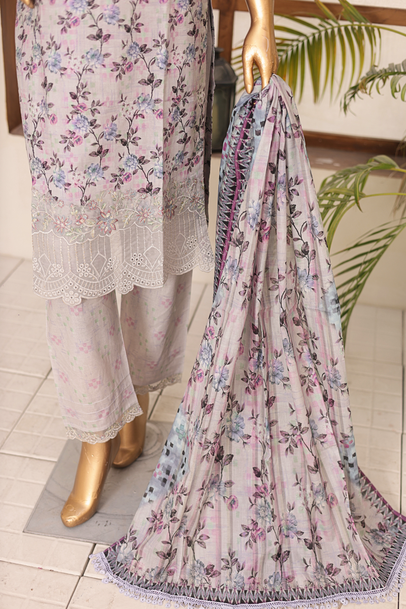 Floral-patterned scarf draped over a mannequin with a plant in the background
