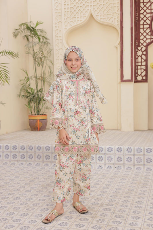 3 Pc - LVORY - Farshi Shalwar Printed Chikankari Embroidered Collection