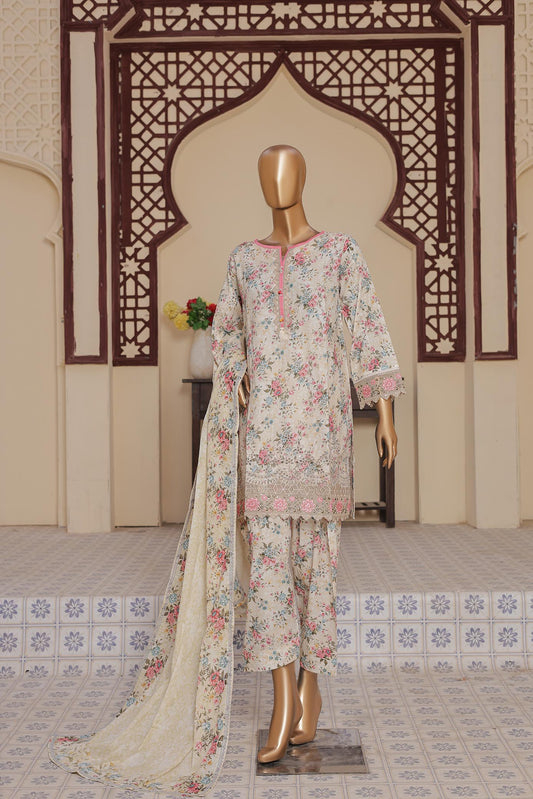 3 Pc - LVORY - Farshi Shalwar Printed Chikankari Embroidered Collection