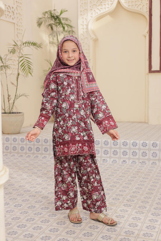 3 Pc - MAROON - Farshi Shalwar Printed Chikankari Embroidered Collection