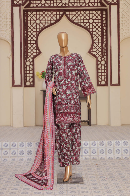 3 Pc - MAROON - Farshi Shalwar Printed Chikankari Embroidered Collection