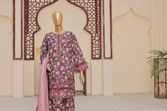 3 Pc - MAROON - Farshi Shalwar Printed Chikankari Embroidered Collection