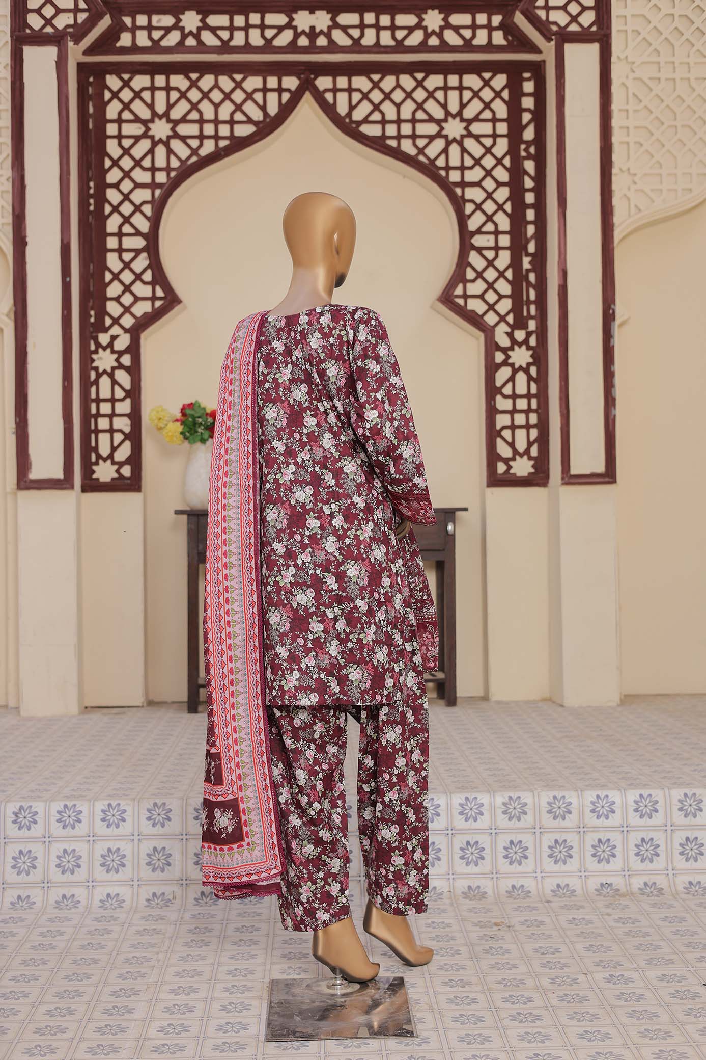 3 Pc - MAROON - Farshi Shalwar Printed Chikankari Embroidered Collection