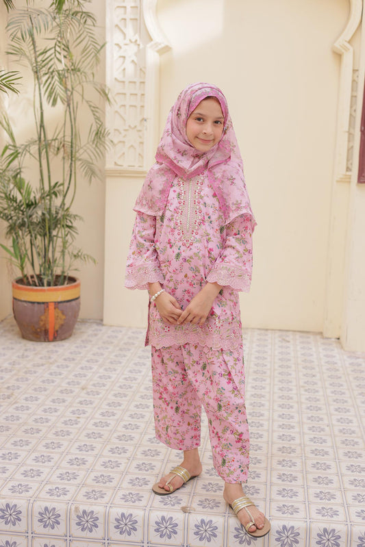 3 Pc - PINK - Farshi Shalwar Printed Chikankari Embroidered Collection