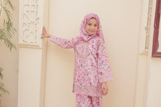 3 Pc - PINK - Farshi Shalwar Printed Chikankari Embroidered Collection