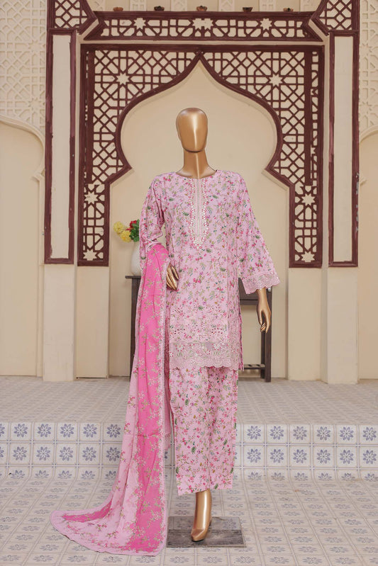 3 Pc - PINK - Farshi Shalwar Printed Chikankari Embroidered Collection