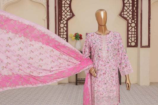 3 Pc - PINK - Farshi Shalwar Printed Chikankari Embroidered Collection