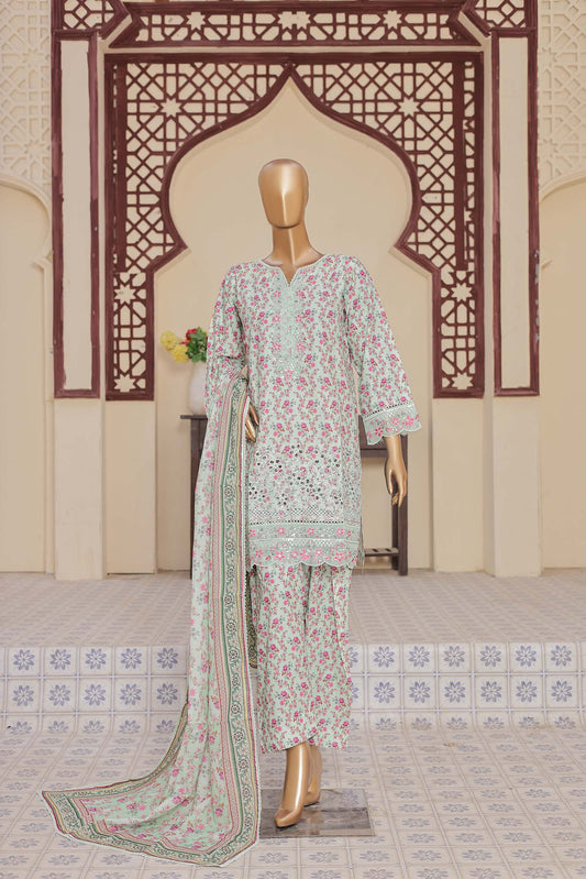 3 Pc - SEA FORM GREEN - Farshi Shalwar Printed Chikankari Embroidered Collection