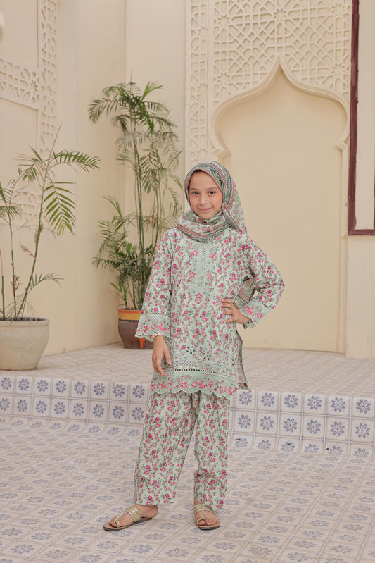 3 Pc - SEAFORM GREEN - Farshi Shalwar Printed Chikankari Embroidered Collection