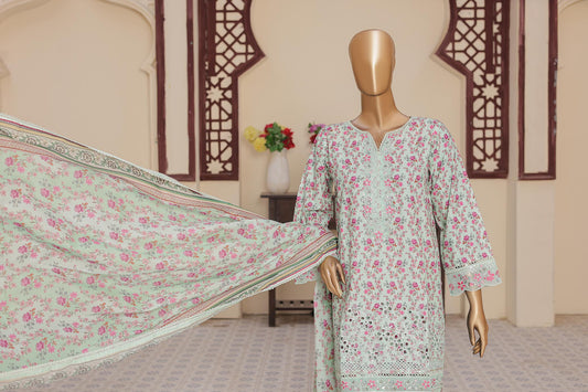 3 Pc - SEA FORM GREEN - Farshi Shalwar Printed Chikankari Embroidered Collection