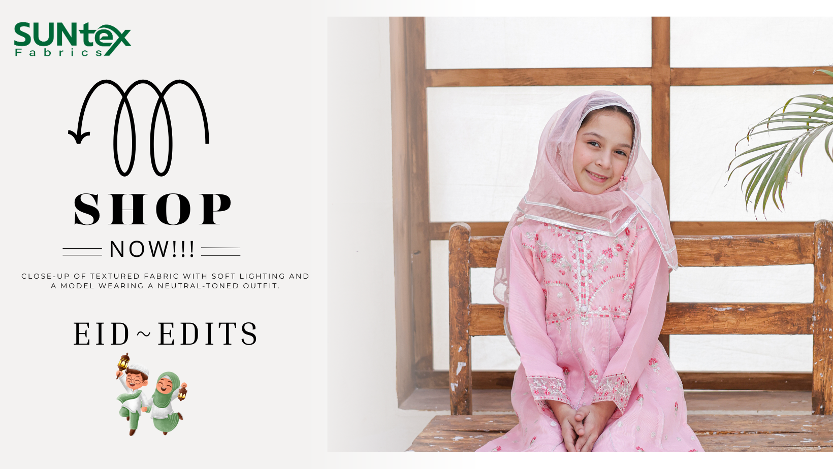 Woman in a pink outfit sitting on a wooden bench with Suntex Fabrics branding.