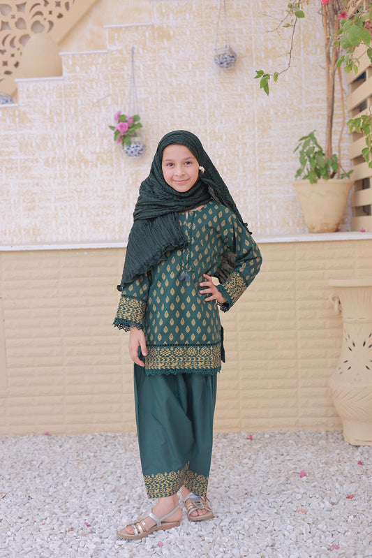 3 Pc - TEAL - Farshi Shalwar with Gol Print Collection