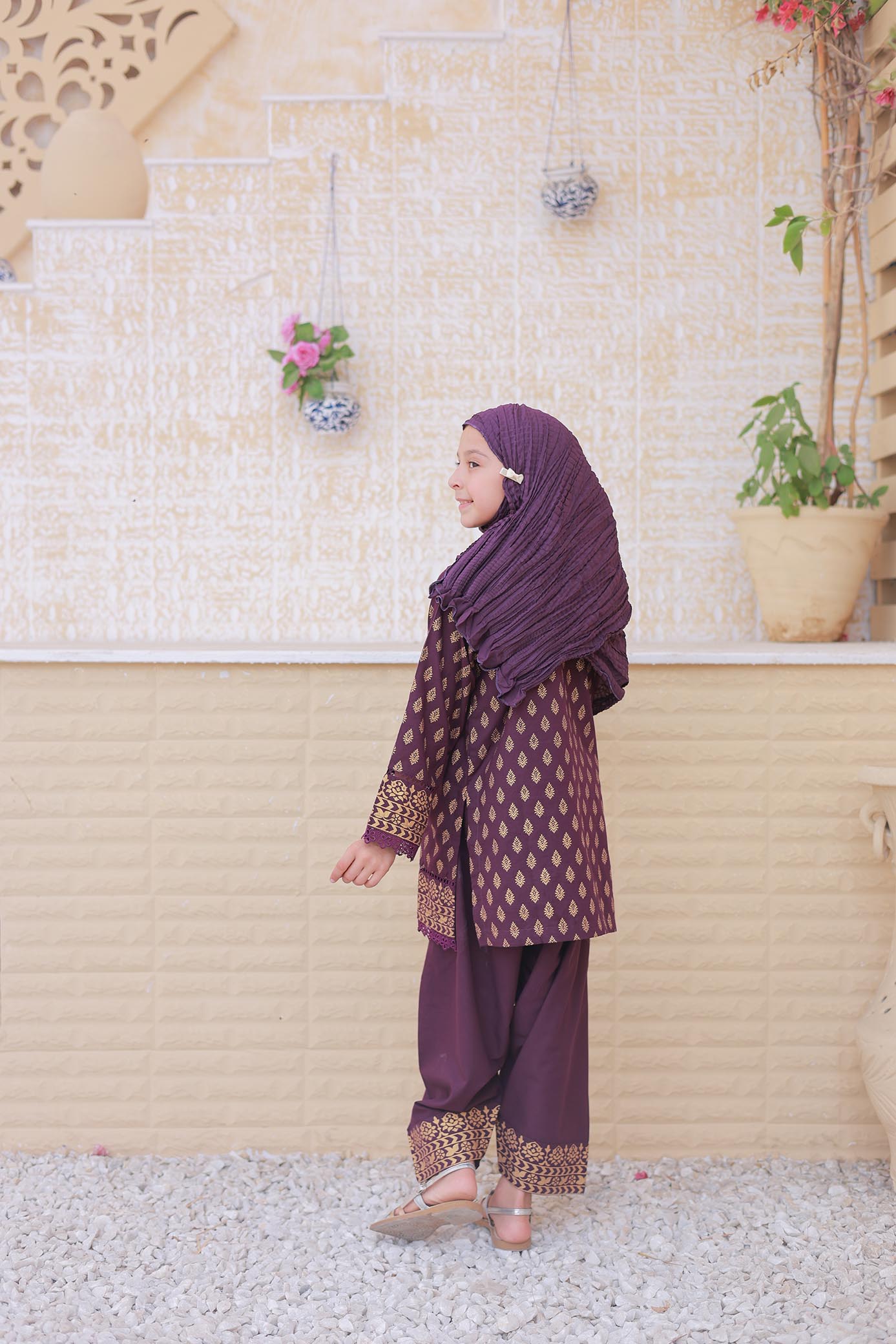 3 Pc - PURPLE - Farshi Shalwar with Gol Print Collection