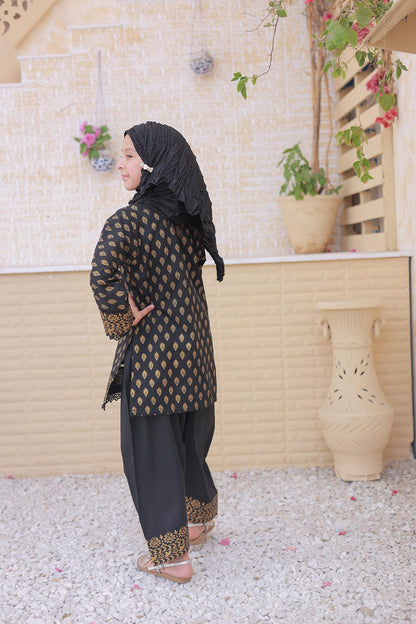 3 Pc - BLACK - Farshi Shalwar with Gol Print Collection