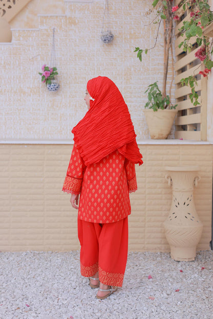3 Pc - RED - Farshi Shalwar with Gol Print Collection