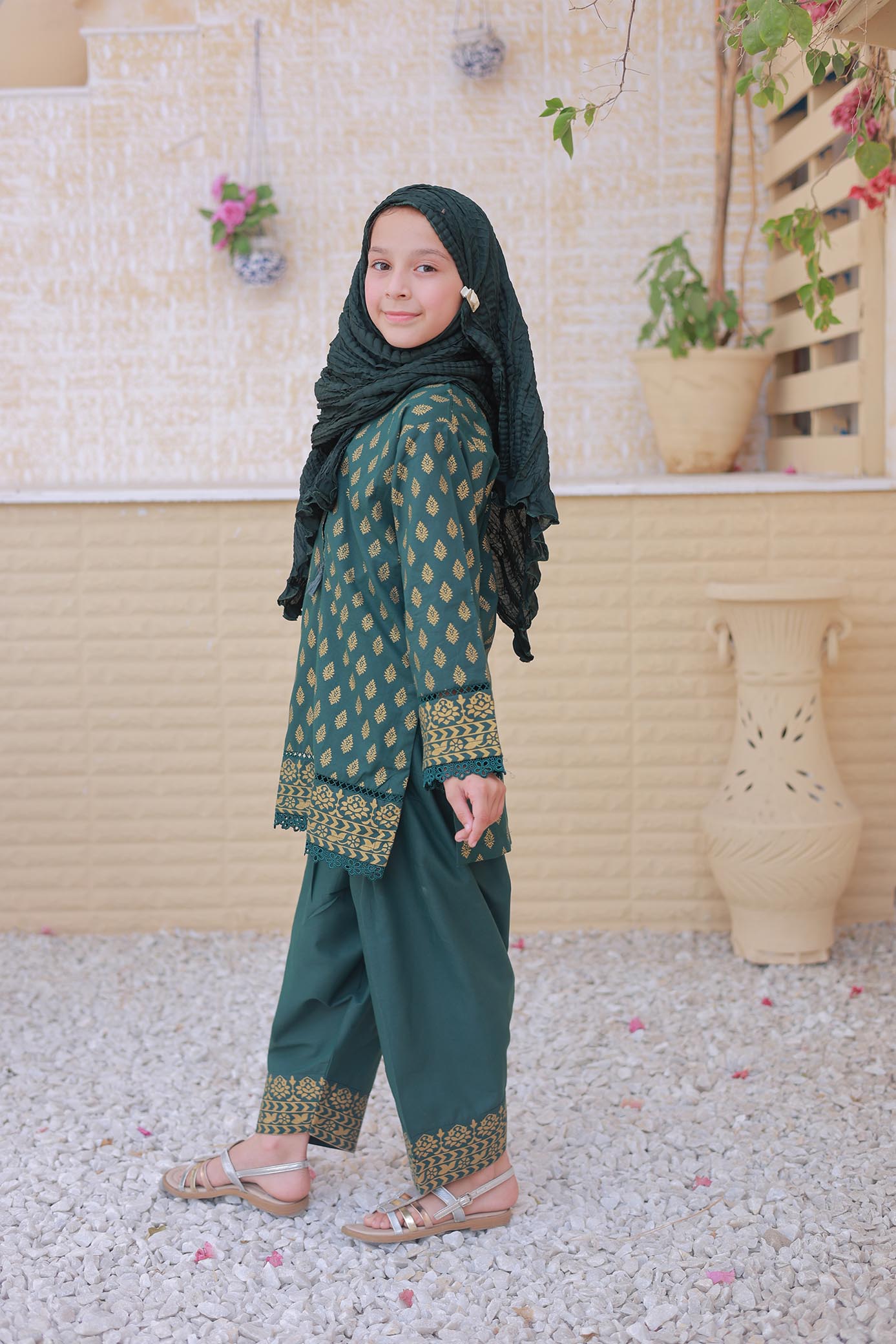 3 Pc - TEAL - Farshi Shalwar with Gol Print Collection