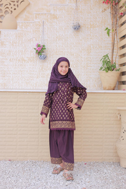 3 Pc - PURPLE - Farshi Shalwar with Gol Print Collection