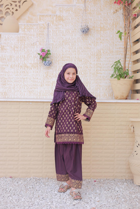3 Pc - PURPLE - Farshi Shalwar with Gol Print Collection