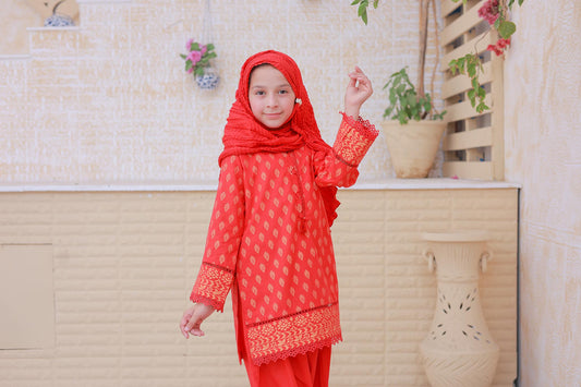 3 Pc - RED - Farshi Shalwar with Gol Print Collection