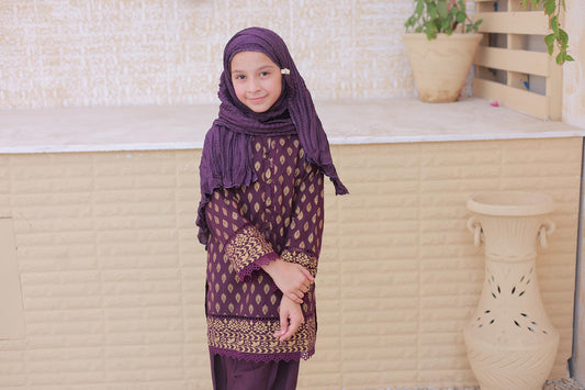 3 Pc - PURPLE - Farshi Shalwar with Gol Print Collection