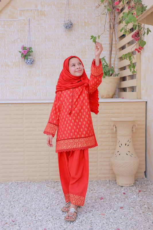 3 Pc - RED - Farshi Shalwar with Gol Print Collection