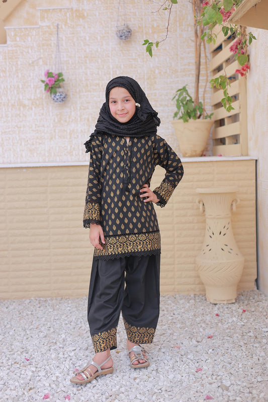 3 Pc - BLACK - Farshi Shalwar with Gol Print Collection