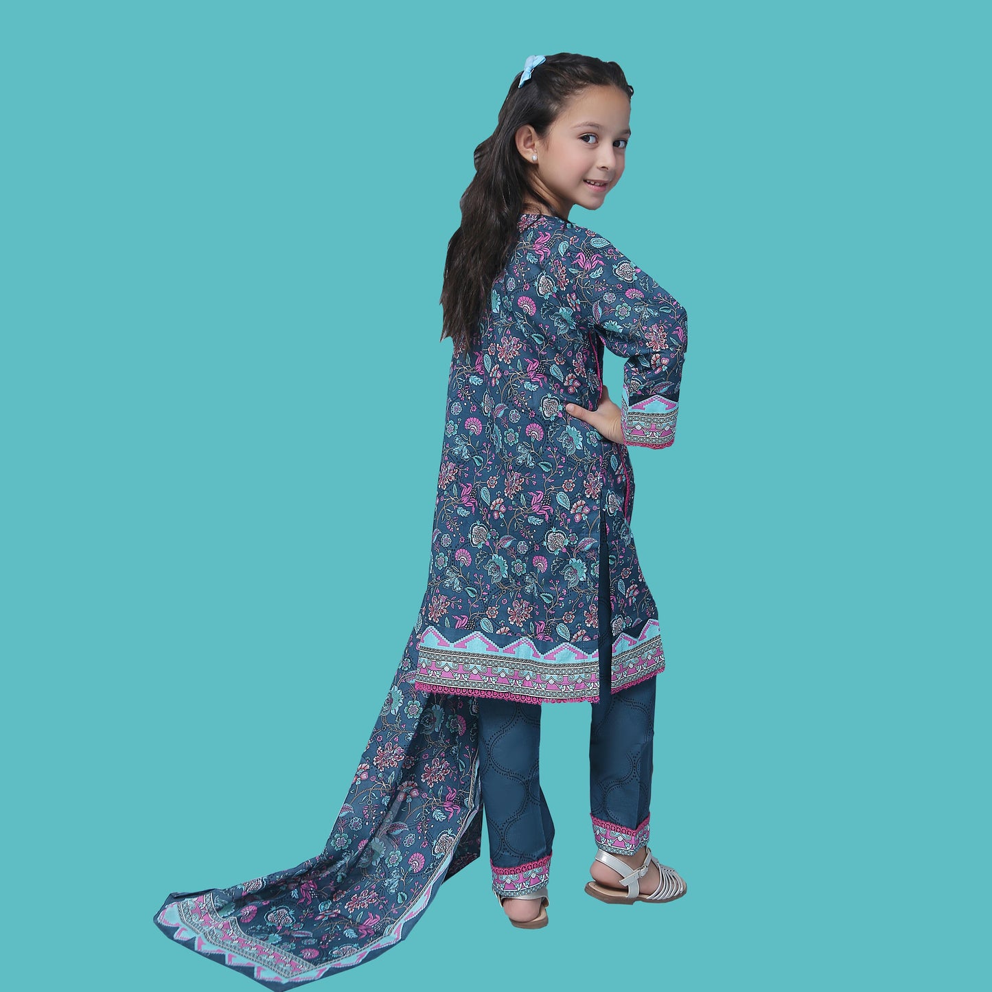 Girl Printed Cambric Stitch Shirt (Kurti) with Dupatta & Printed Trouser