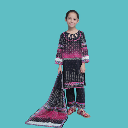 Girl Printed Cambric Stitch Shirt (Kurti) with Dupatta & Printed Trouser