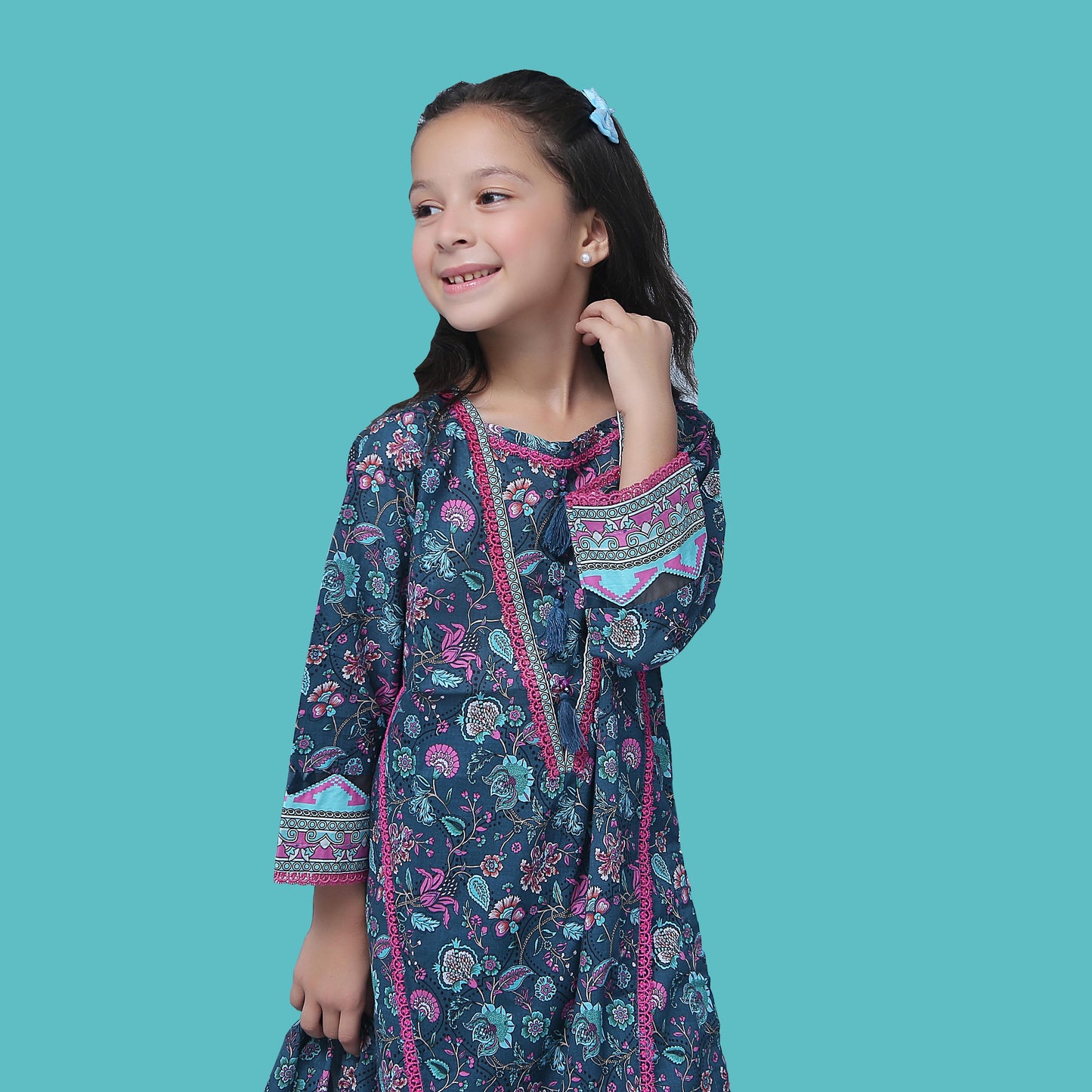 Girl Printed Cambric Stitch Shirt (Kurti) with Dupatta & Printed Trouser