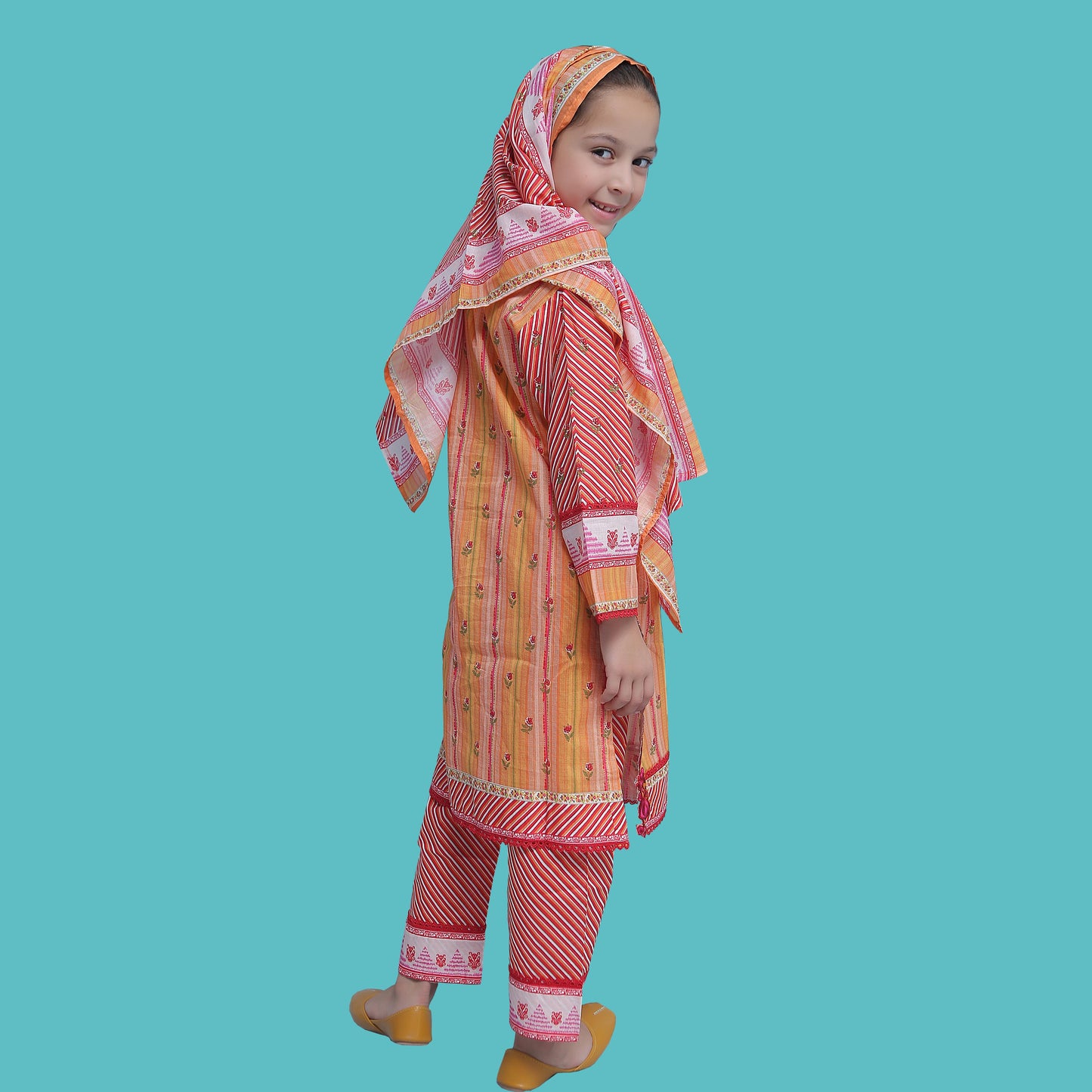 Girl Printed Cambric Stitch Shirt (Kurti) with Dupatta & Printed Trouser