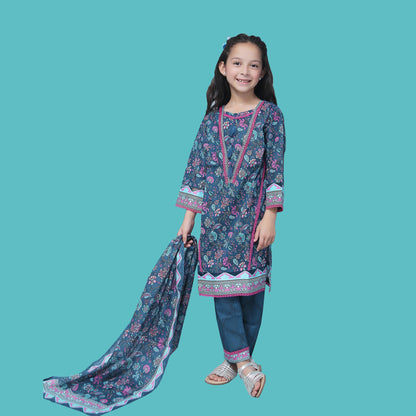 Girl Printed Cambric Stitch Shirt (Kurti) with Dupatta & Printed Trouser