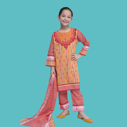 Girl Printed Cambric Stitch Shirt (Kurti) with Dupatta & Printed Trouser